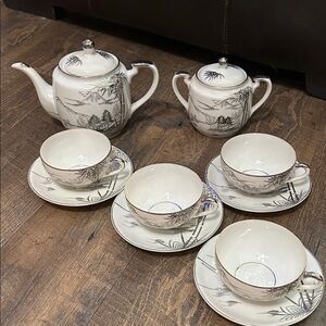 Vintage Kutani Japanese‎ Tea Set 4 Hand Painted Mount Fuji Silver Lithophane